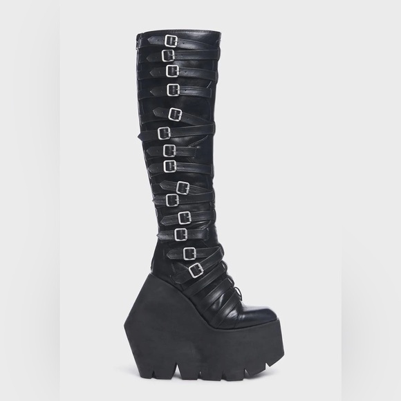 Gothic Black Buckle Strappy Monster Wedge Knee High Platform Boots - 9 - Picture 5 of 17